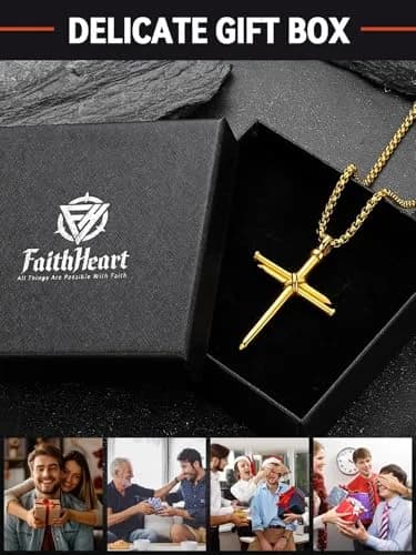 FaithHeart Nail Cross Necklace for Men, Gold Cross Pendant 54mm x 35mm | Stainless Steel Christian Jewelry thumbnail 7