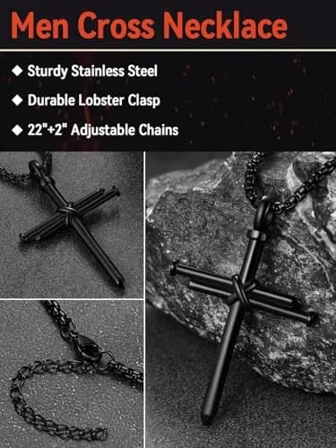 FaithHeart Black Cross Necklace for Men | Stainless Steel Pendant with Box Chain (54mm x 35mm) thumbnail 5