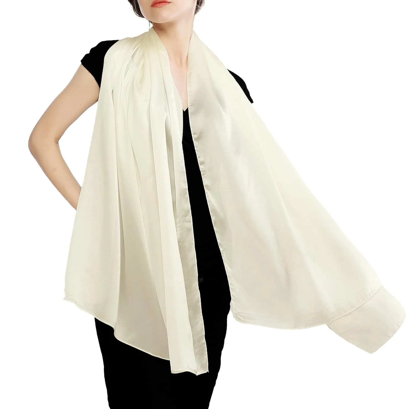 RIIQIICHY Women Shawls and Wraps for Evening Dresses 70.8"L x 35.4"W Ivory Silk Scarf Formal Silky Pashmina for Weddings — Ivory