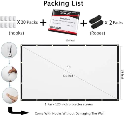 Mdbebbron 120 Inch Projector Screen 3.05 m (104" x 58") | Anti-Crease Portable Home Theater Outdoor Indoor Double Sided Projection thumbnail 4