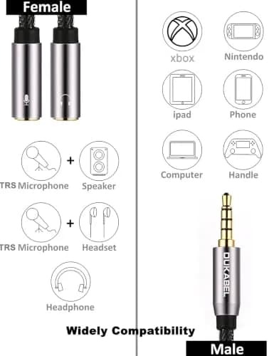DUKABEL Headsets Adapter 3.5mm Splitter 30cm | Dual Audio & Mic Connection, Gold-Plated, Compatible with PC, Xbox, PS4 thumbnail 2