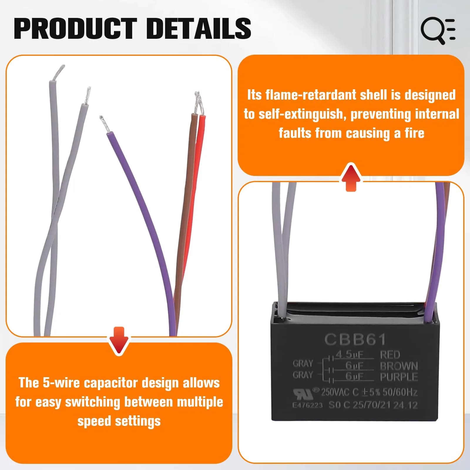 Podoy CBB61 4.5uf+6uf+6uf 5 Wire Ceiling Fan Capacitor (2 Pack) - 250VAC - view 4