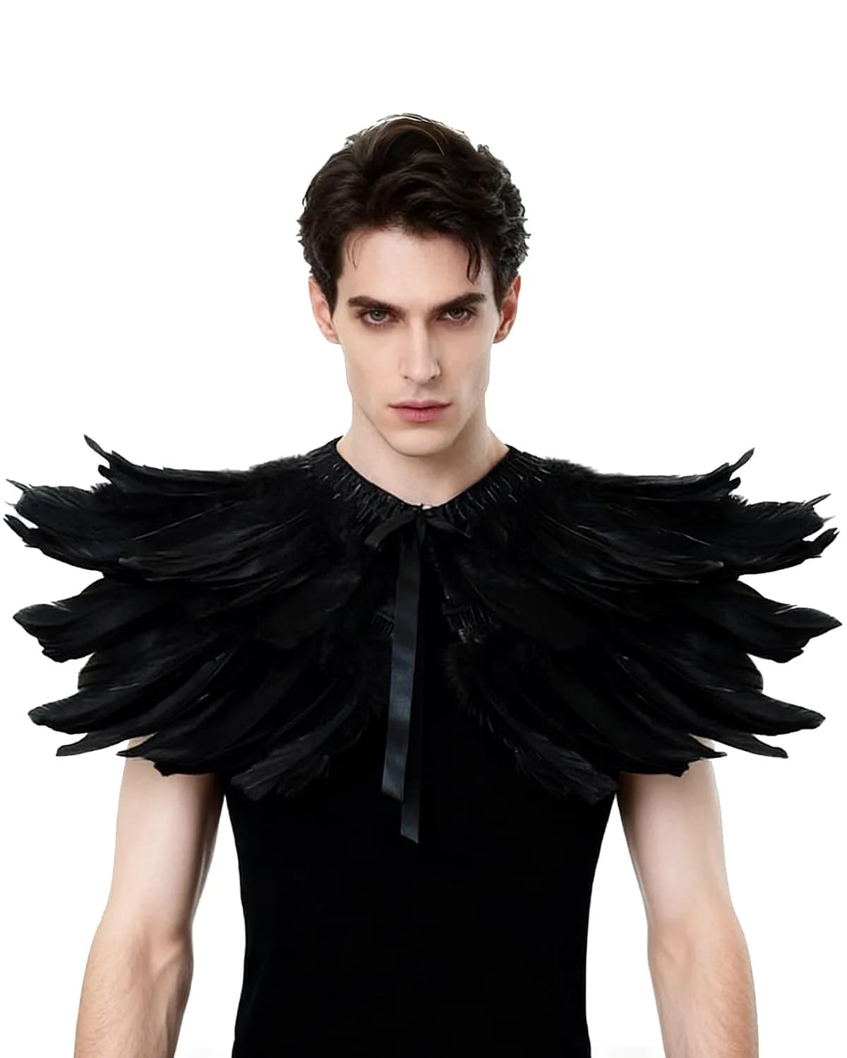 L'VOW Gothic Feather Shrug Cape Shawl Collar Men Halloween Costume, Black-5 | Unisex Dark Fantasy Accessory