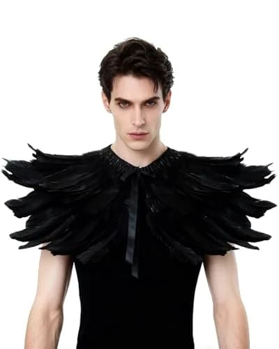 L'VOW Gothic Feather Shrug Cape Shawl Collar Men Halloween Costume, Black-5 | Unisex Dark Fantasy Accessory thumbnail 1