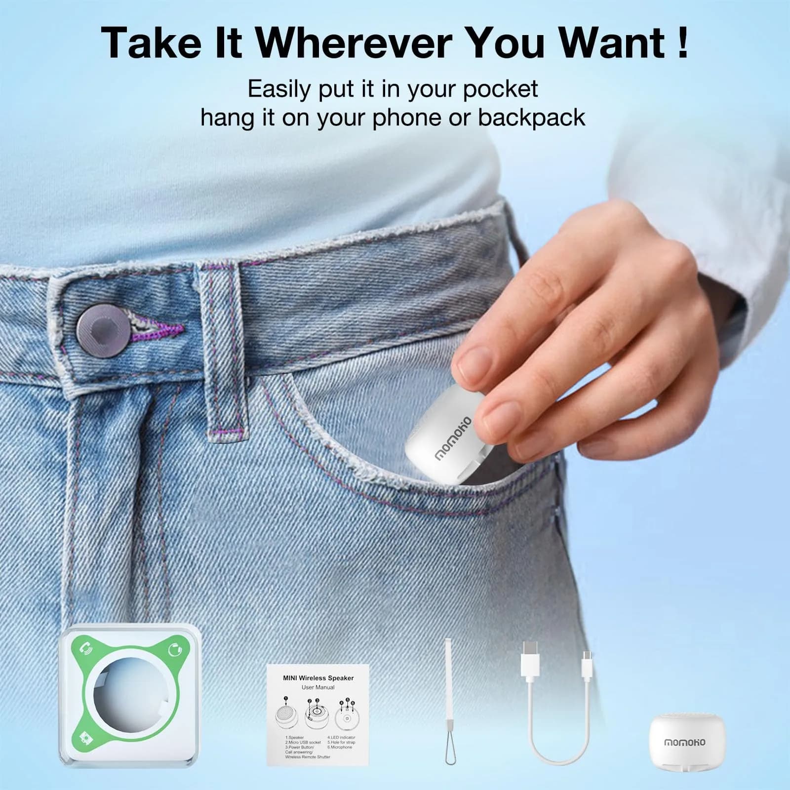 MOMOHO Mini Bluetooth Speaker White | Tiny Portable Wireless Speaker with Mic & TWS Pairing - view 4