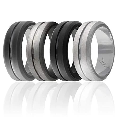 ROQ Silicone Wedding Ring for Men, 8mm Wide Comfort Fit Band, 4 Pack (Grey, Platinum, Black, Silver), Size 7 | Breathable & Safe for Active Lifestyles thumbnail 1