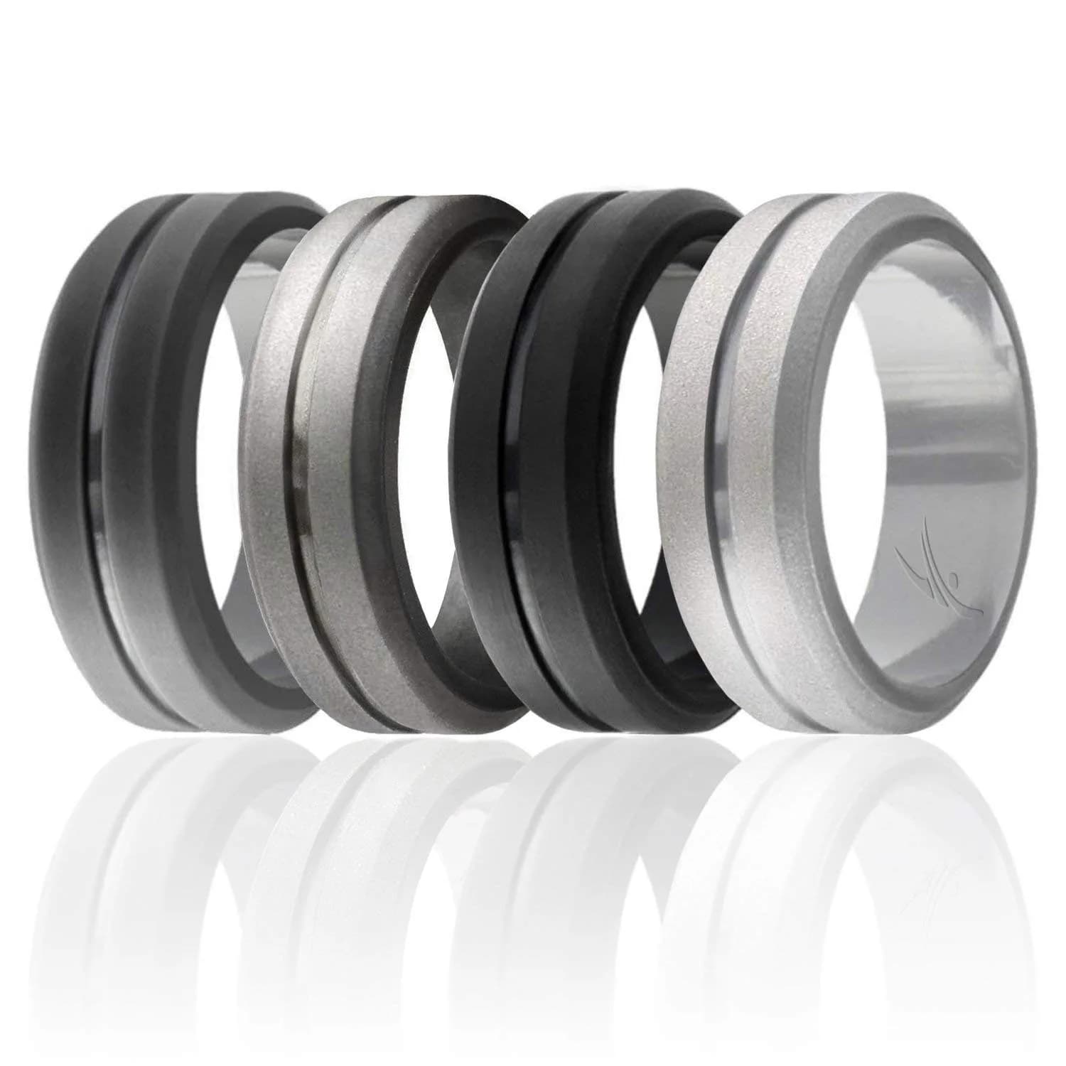 ROQ Silicone Rubber Wedding Ring for Men, Size 15 | 8mm Wide Comfort Fit Band — Black, Grey, Silver, Dark Silver