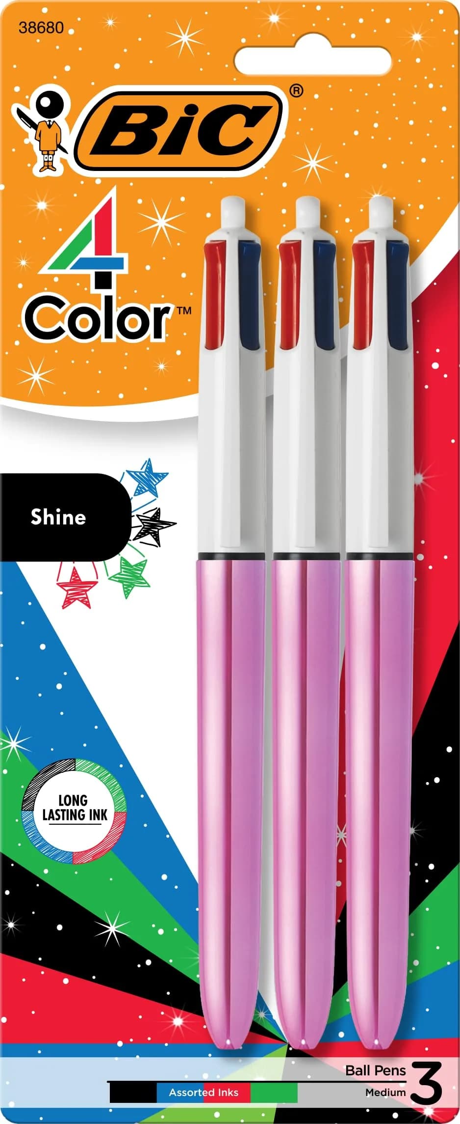 BIC 4 Color Shine Retractable Ballpoint Pen | 1.0 mm Medium Point, Pink Metallic Barrels, 3-Count Pack