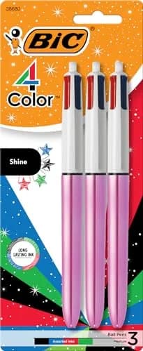 BIC 4 Color Shine Retractable Ballpoint Pen | 1.0 mm Medium Point, Pink Metallic Barrels, 3-Count Pack thumbnail 1