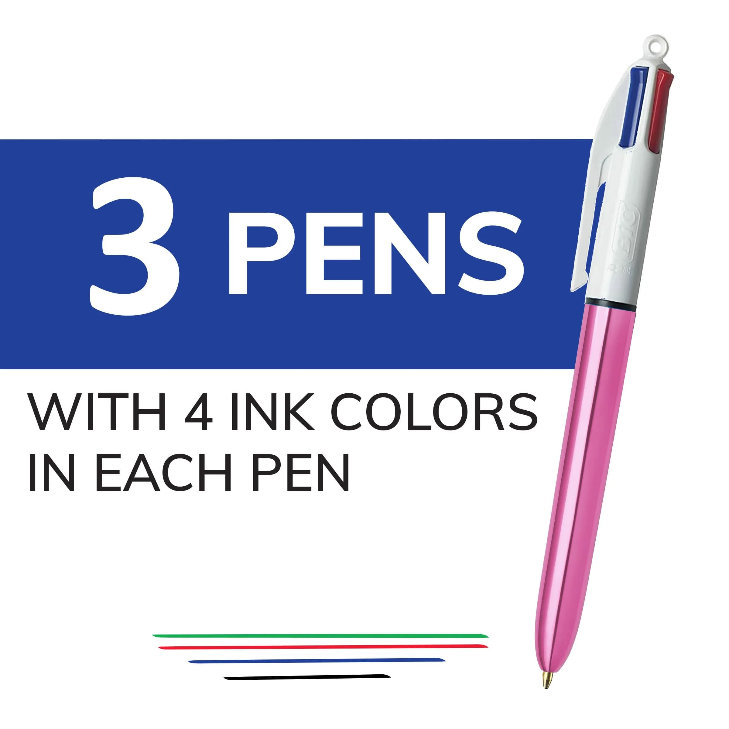 BIC 4 Color Shine Retractable Ballpoint Pen | 1.0 mm Medium Point, Pink Metallic Barrels, 3-Count Pack - view 2