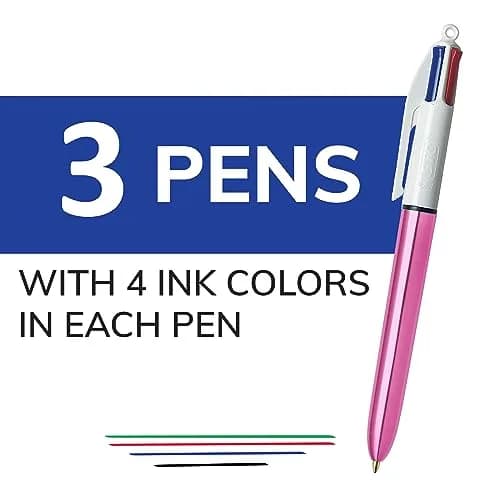BIC 4 Color Shine Retractable Ballpoint Pen | 1.0 mm Medium Point, Pink Metallic Barrels, 3-Count Pack thumbnail 2
