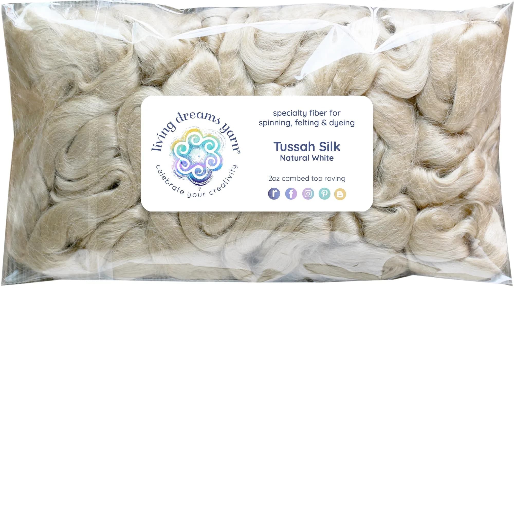 Living Dreams Yarn Glossy Black Tussah Silk Fiber for Spinning, Blending, Felting | Premium Grade, 50g — Tussah - Natural White
