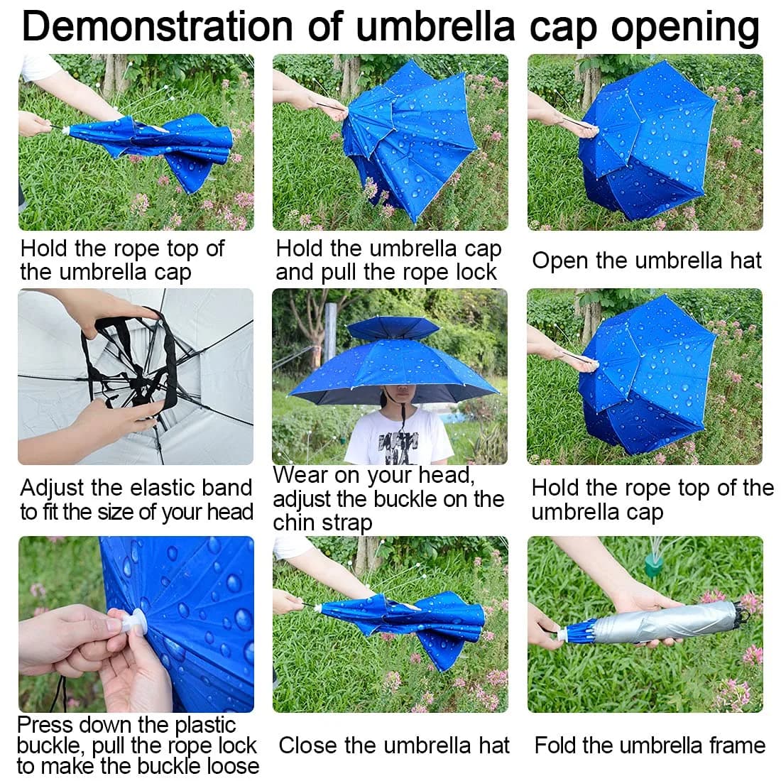 NEW-Vi 95 cm (37.4") Double Layer Folding Compact UV Wind Protection Umbrella Hat | Hands-Free for Fishing & Gardening - view 3
