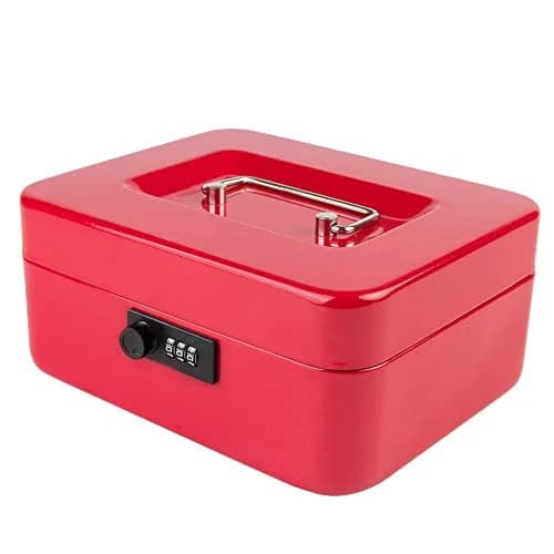 KYODOLED Medium Cash Box with Combination Lock 7.87"x 6.30"x 3.54" Red | Metal Money Safe with Removable Tray thumbnail 1