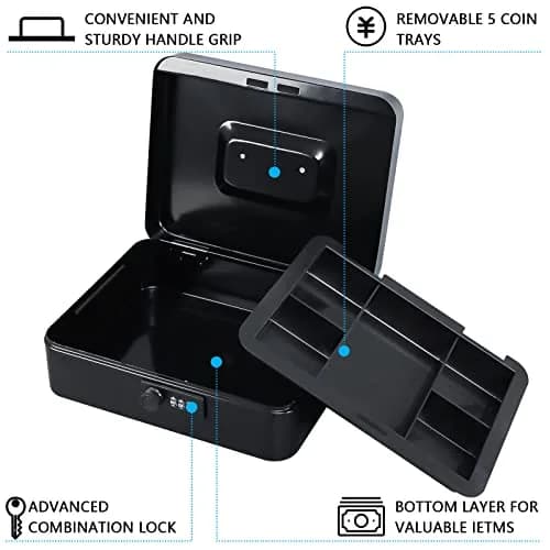 KYODOLED Large Cash Box with Combination Lock 9.84"x 7.87"x 3.54" | Metal Money Safe with Removable Tray thumbnail 3