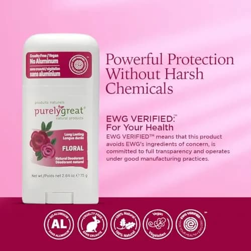 Purelygreat Floral Scented Natural Deodorant Stick 75g (2.64 oz) | EWG Verified, Aluminum-Free Odor Protection thumbnail 7