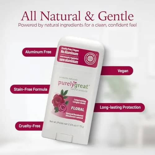 Purelygreat Floral Scented Natural Deodorant Stick 75g (2.64 oz) | EWG Verified, Aluminum-Free Odor Protection thumbnail 3