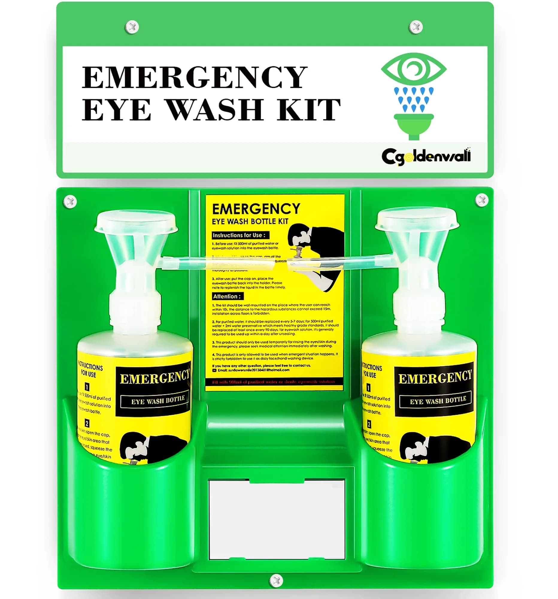 CGOLDENWALL Emergency Eye Wash Station Kit with 2 x 16.9oz Bottles & Mirror | Wall Mounted or Portable Safety — 33.8 Fl Oz