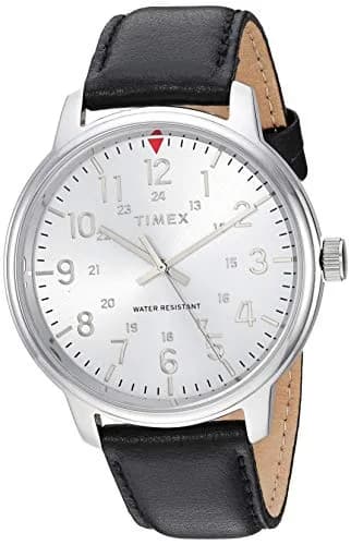 Timex Classic 43mm Black/Silver-Tone Leather Strap Watch | Water-Resistant 50m thumbnail 1