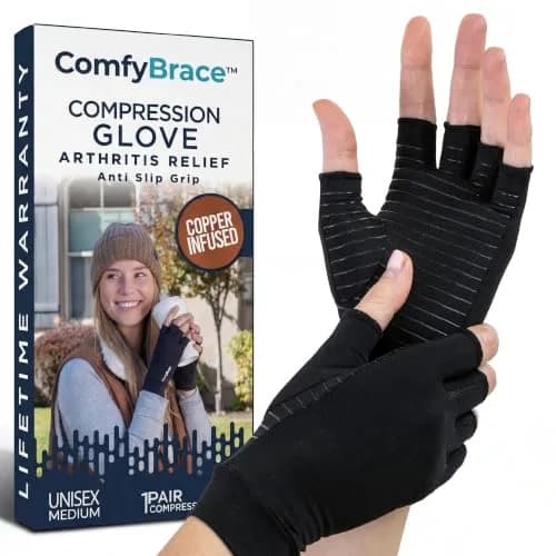 ComfyBrace Copper Infused Arthritis Gloves - Medium, Black | Hand & Finger Relief from Rheumatoid Arthritis, Carpal Tunnel, Tendonitis & Poor Circulation — Medium (1 Pair)