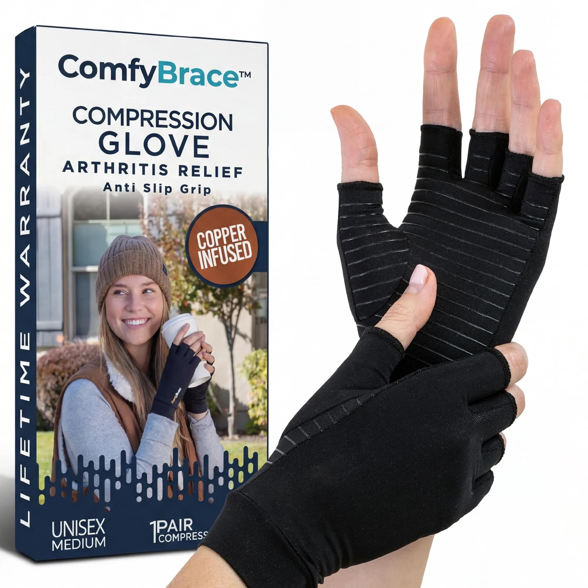 ComfyBrace Copper Infused Arthritis Gloves - Medium, Black | Hand & Finger Relief from Rheumatoid Arthritis, Carpal Tunnel, Tendonitis & Poor Circulation - main product image