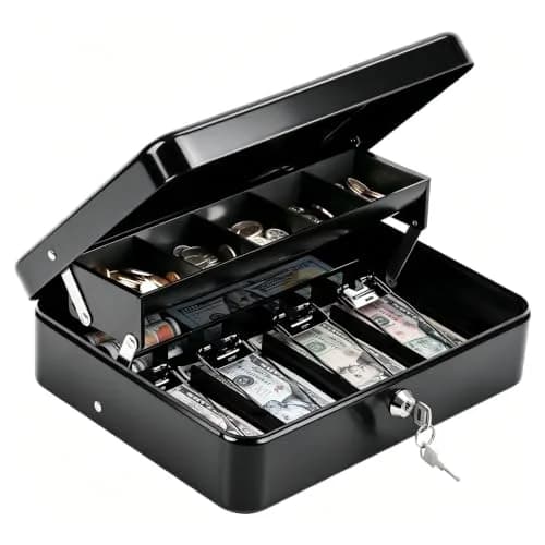 KYODOLED Locking Cash Box with Key & Tray 30cm (11.81") Red XL | Secure Metal Money Organizer — Black-1 / XL-Key Lock