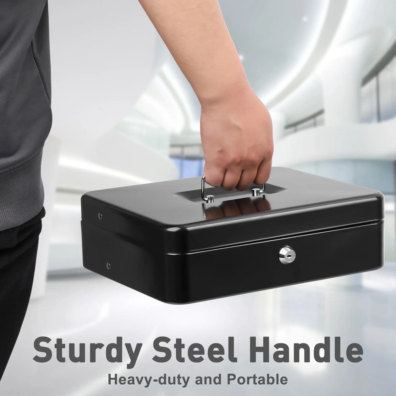 KYODOLED Locking Cash Box, Black XL Large (30cm x 24cm x 9cm) | Secure Money Organizer for Vendors - view 4