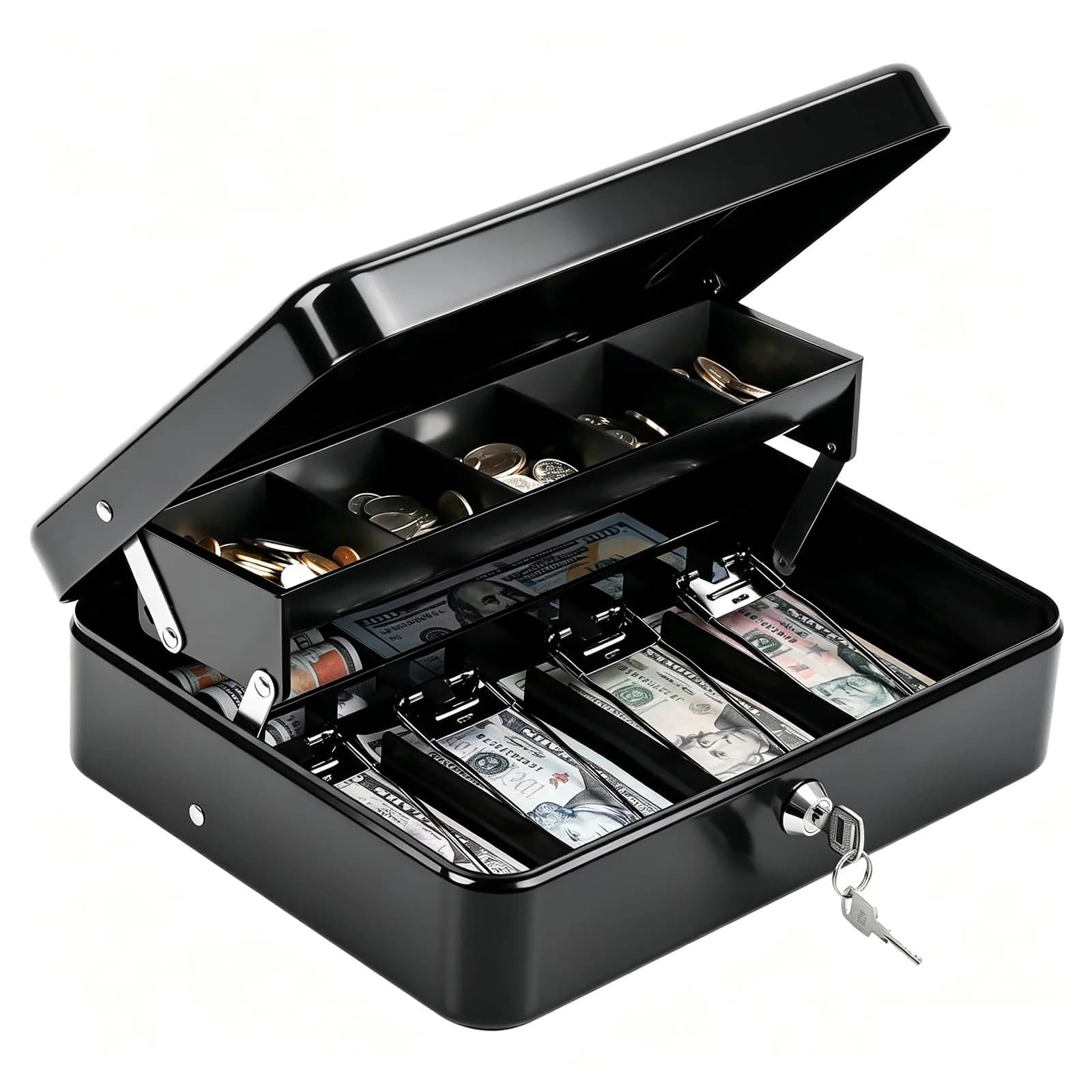 KYODOLED Locking Cash Box, Black XL Large (30cm x 24cm x 9cm) | Secure Money Organizer for Vendors - main product image