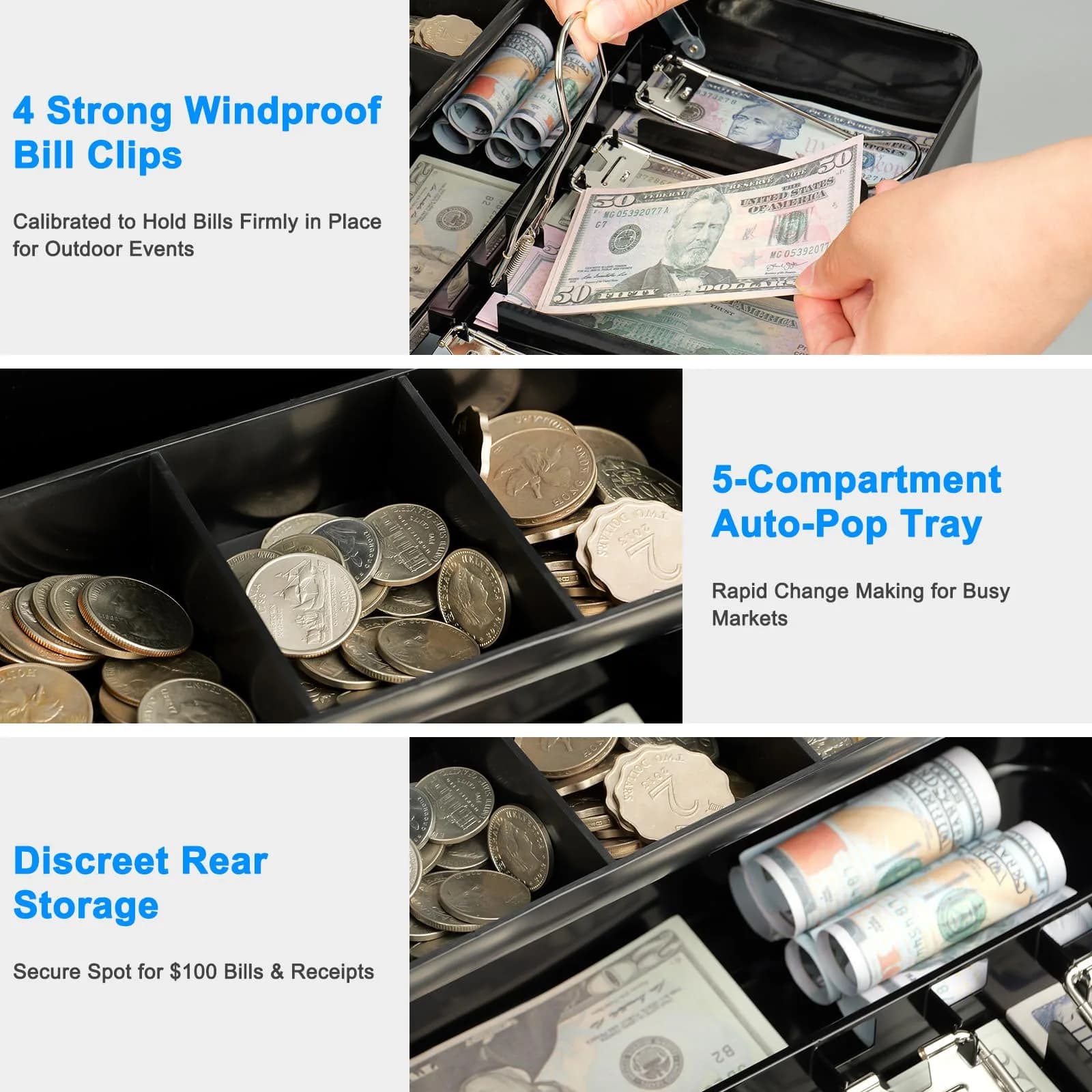 KYODOLED Locking Cash Box, Black XL Large (30cm x 24cm x 9cm) | Secure Money Organizer for Vendors - view 2