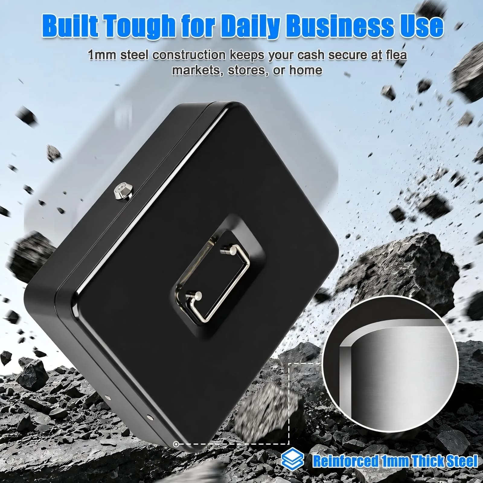KYODOLED Locking Cash Box, Black XL Large (30cm x 24cm x 9cm) | Secure Money Organizer for Vendors - view 3