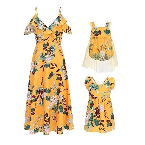 PopReal Mommy and Me Dresses Floral Print Fly Sleeve Strap Backless Ruffle Beach Mini Sundress 18-24 Months | Family Matching Summer Style thumbnail 1