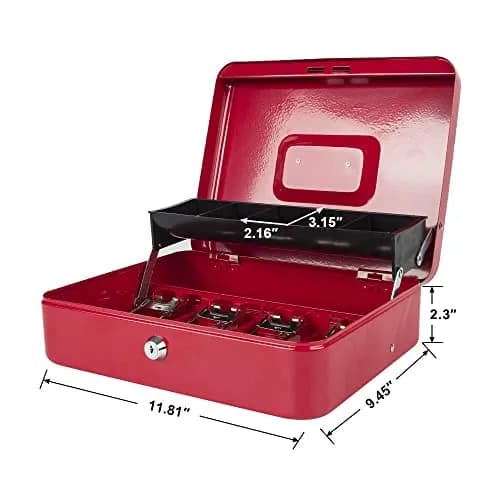 KYODOLED Locking Cash Box with Key & Tray 30cm (11.81") Red XL | Secure Metal Money Organizer thumbnail 4
