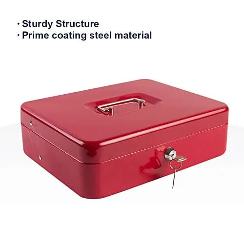 KYODOLED Locking Cash Box with Key & Tray 30cm (11.81") Red XL | Secure Metal Money Organizer thumbnail 6
