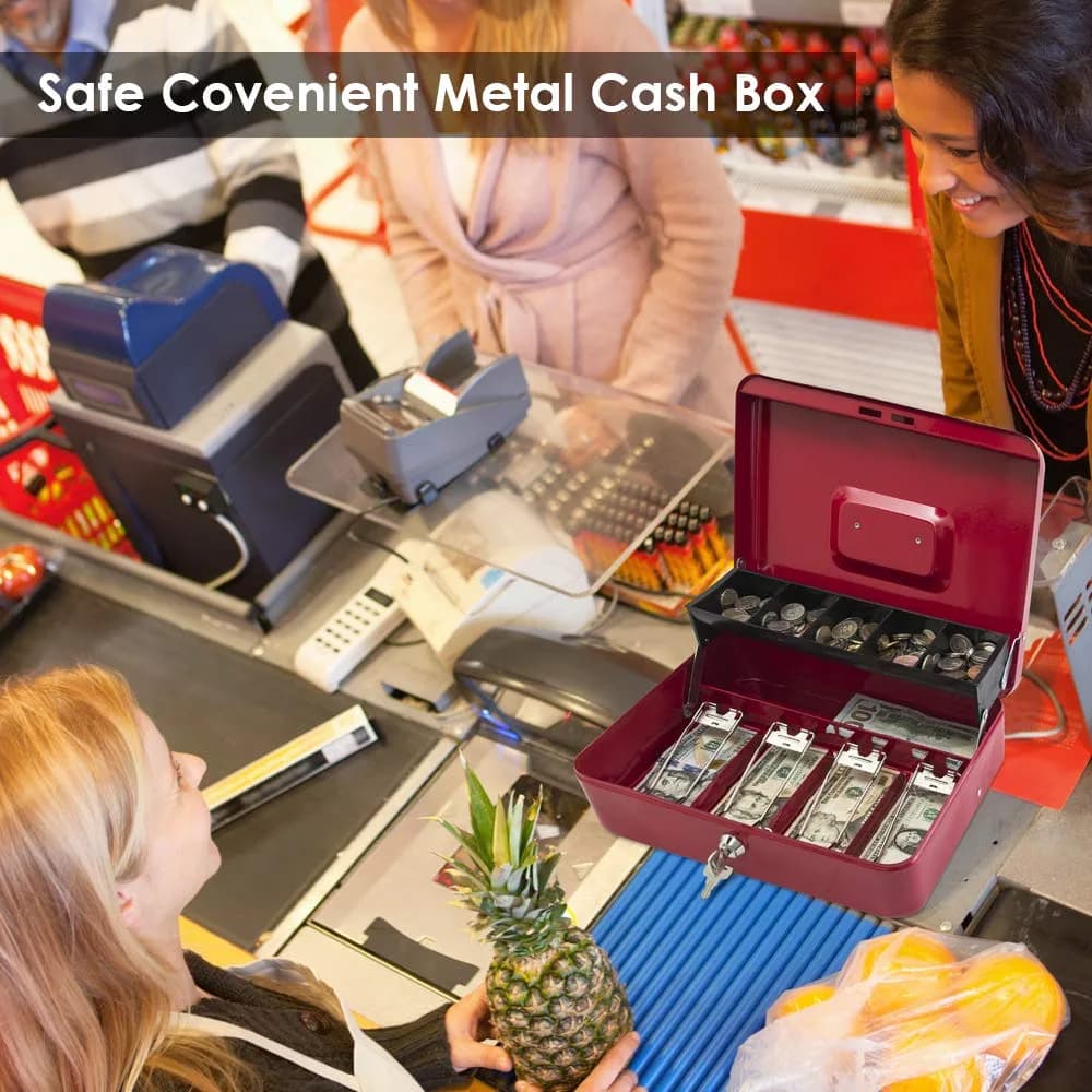 KYODOLED Locking Cash Box with Key, Red XL Large (30cm x 24cm x 9cm) | Secure Storage for Valuables - Red - view 7