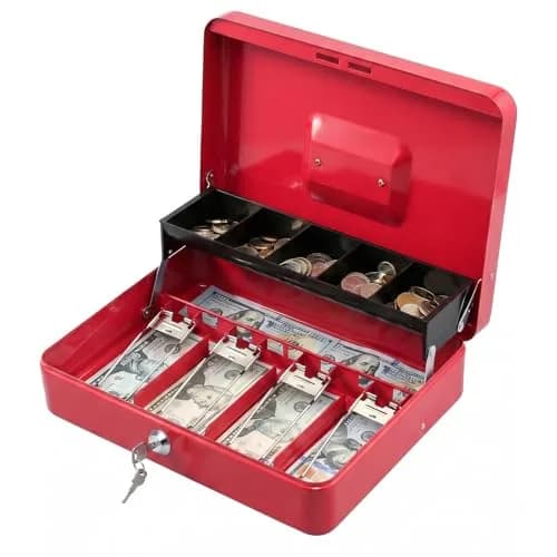 KYODOLED Locking Cash Box with Key & Tray 30cm (11.81") Red XL | Secure Metal Money Organizer thumbnail 1