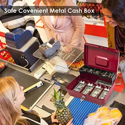 KYODOLED Locking Cash Box with Key & Tray 30cm (11.81") Red XL | Secure Metal Money Organizer thumbnail 7