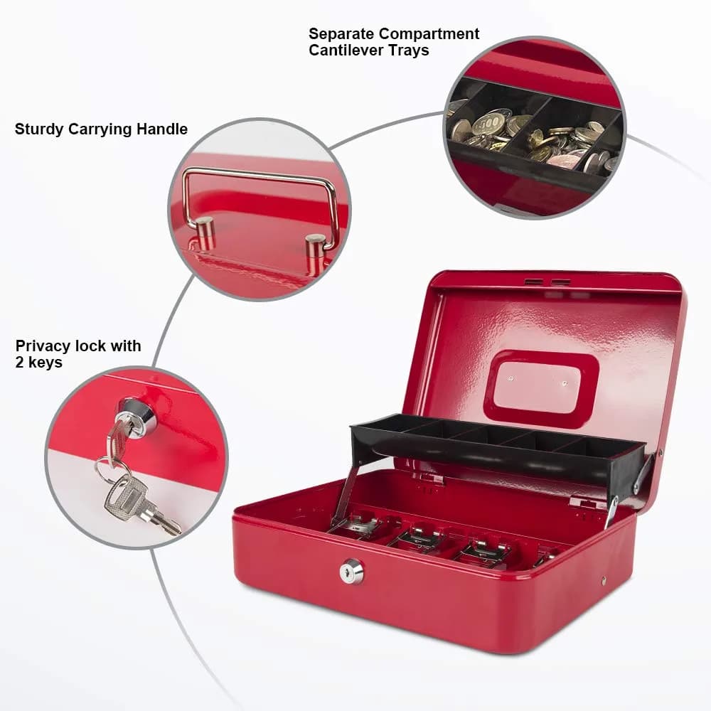 KYODOLED Locking Cash Box with Key, Red XL Large (30cm x 24cm x 9cm) | Secure Storage for Valuables - Red - view 2