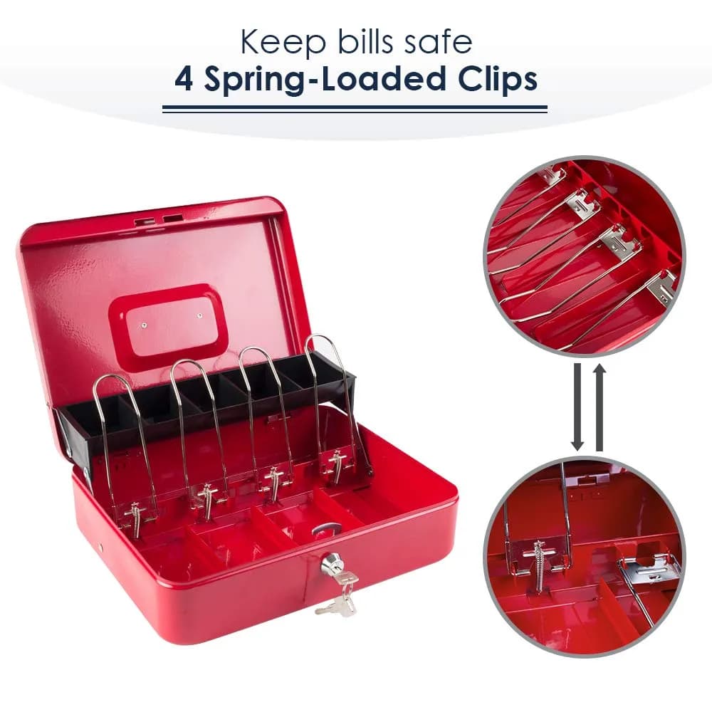 KYODOLED Locking Cash Box with Key, Red XL Large (30cm x 24cm x 9cm) | Secure Storage for Valuables - Red - view 3