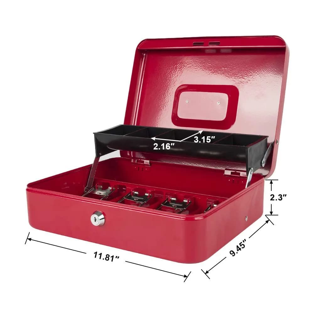 KYODOLED Locking Cash Box with Key, Red XL Large (30cm x 24cm x 9cm) | Secure Storage for Valuables - Red - view 4