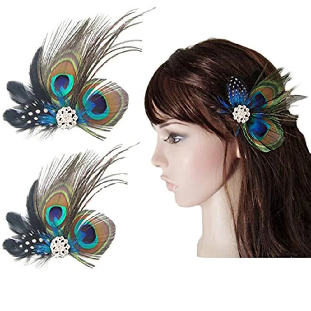 Comidox Hair Clip, Peacock Feather & Rhinestones | Elegant Vintage Alligator Clip for Women, Weddings & Parties — Multicolor