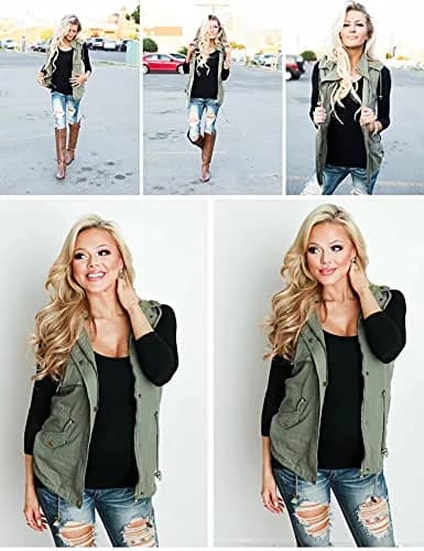 BBX Lephsnt Women's Front Zipper Solid Utility Anorak Hoodie Vest | Casual Military Style, Adjustable Fit thumbnail 2