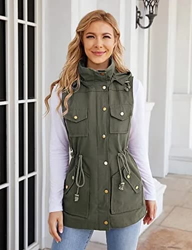 BBX Lephsnt Women's Front Zipper Solid Utility Anorak Hoodie Vest | Casual Military Style, Adjustable Fit thumbnail 3