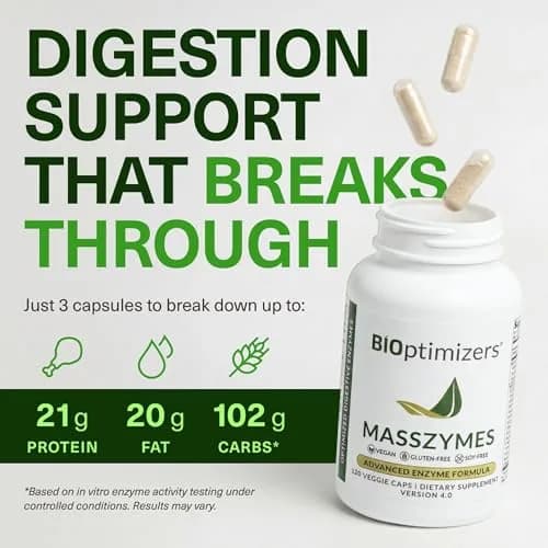 BIOptimizers MassZymes 120 Capsules | Complete Digestive Enzymes for Gut Health & Bloating Relief thumbnail 4