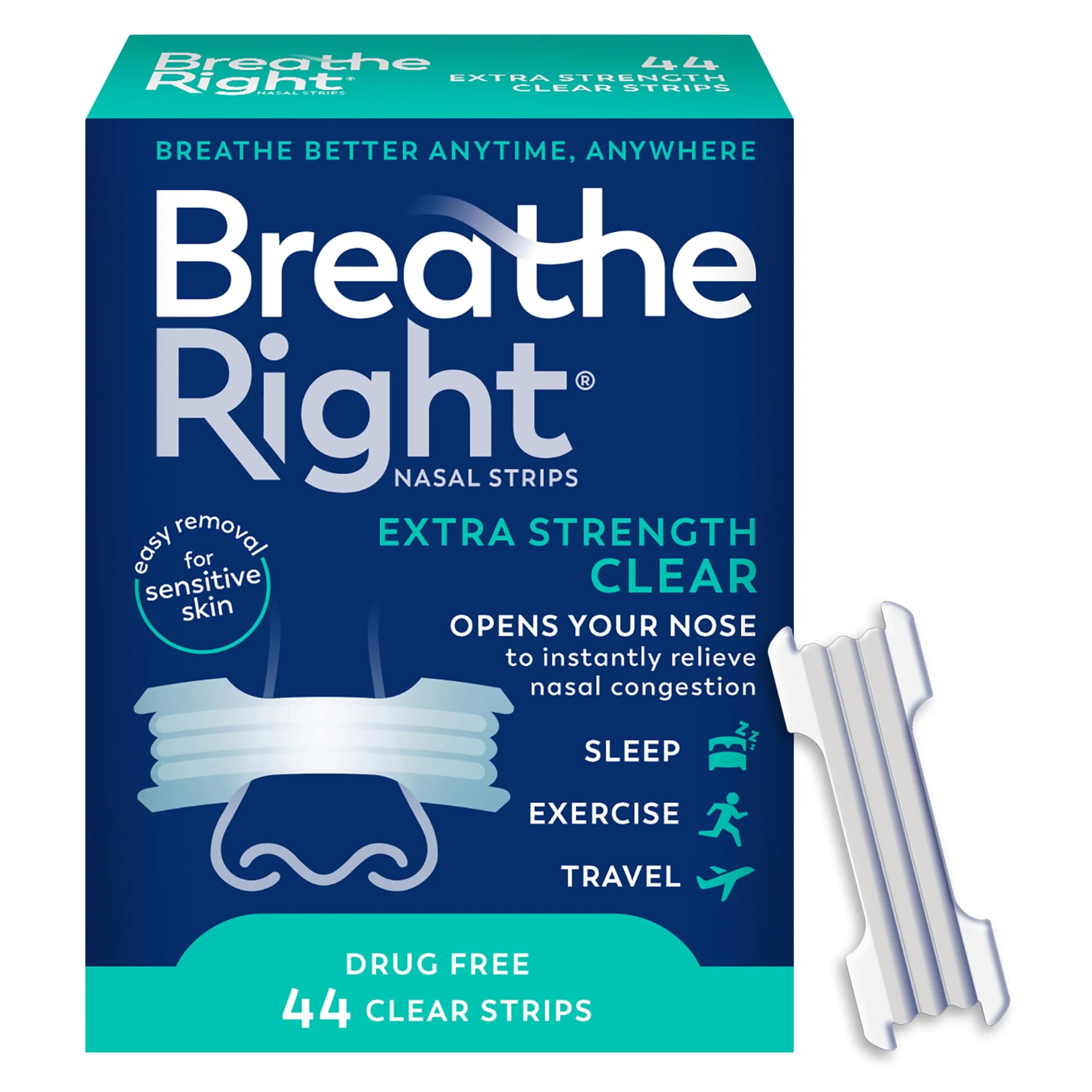 Breathe Right Extra Strength Clear Nasal Strips 44 Count | Opens Nose & Increases Airflow - main product image