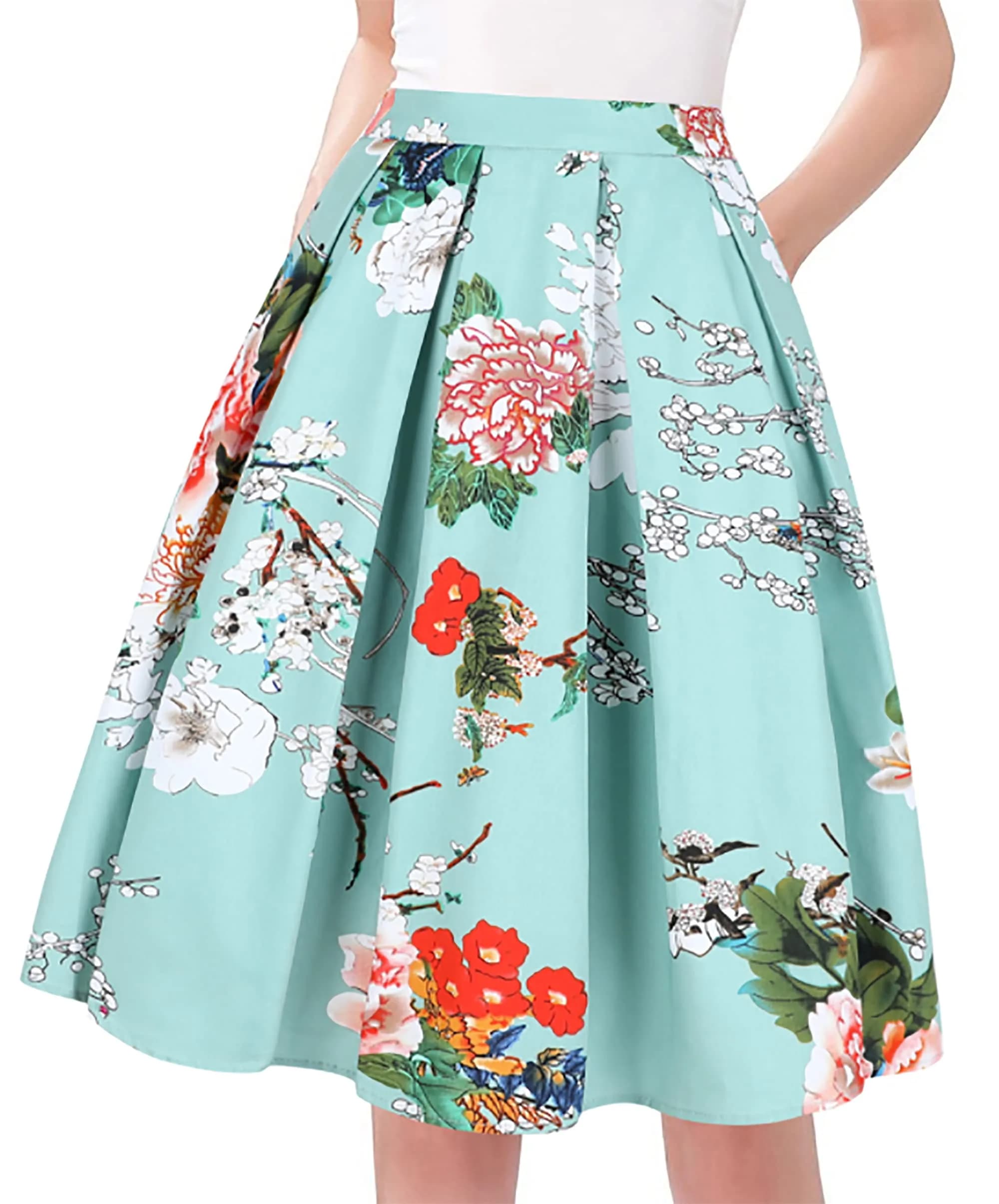 Tandisk Women's Vintage A-line Printed Pleated Flared Midi Skirt with Pockets Green Flower S | Retro Feminine Style