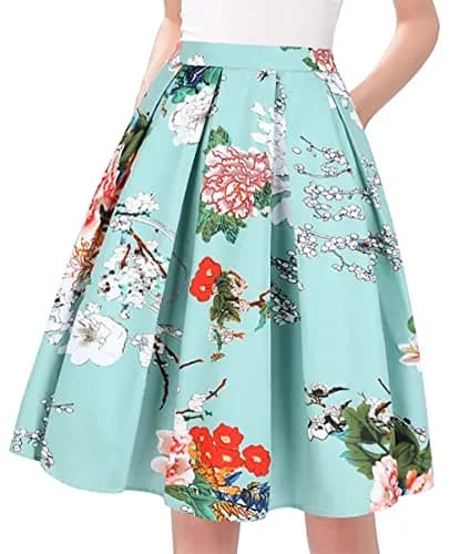 Tandisk Women's Vintage A-line Printed Pleated Flared Midi Skirt with Pockets Green Flower S | Retro Feminine Style thumbnail 1
