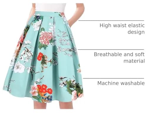 Tandisk Women's Vintage A-line Printed Pleated Flared Midi Skirt with Pockets Green Flower S | Retro Feminine Style thumbnail 4