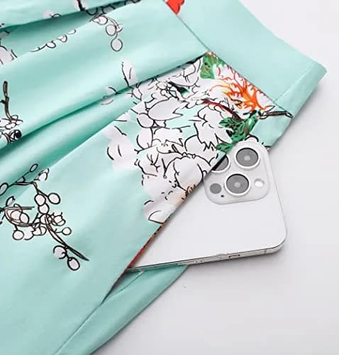 Tandisk Women's Vintage A-line Printed Pleated Flared Midi Skirt with Pockets Green Flower S | Retro Feminine Style thumbnail 5