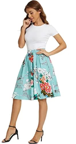 Tandisk Women's Vintage A-line Printed Pleated Flared Midi Skirt with Pockets Green Flower S | Retro Feminine Style thumbnail 6