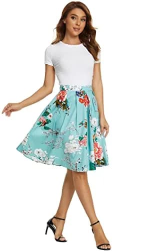 Tandisk Women's Vintage A-line Printed Pleated Flared Midi Skirt with Pockets Green Flower S | Retro Feminine Style thumbnail 2